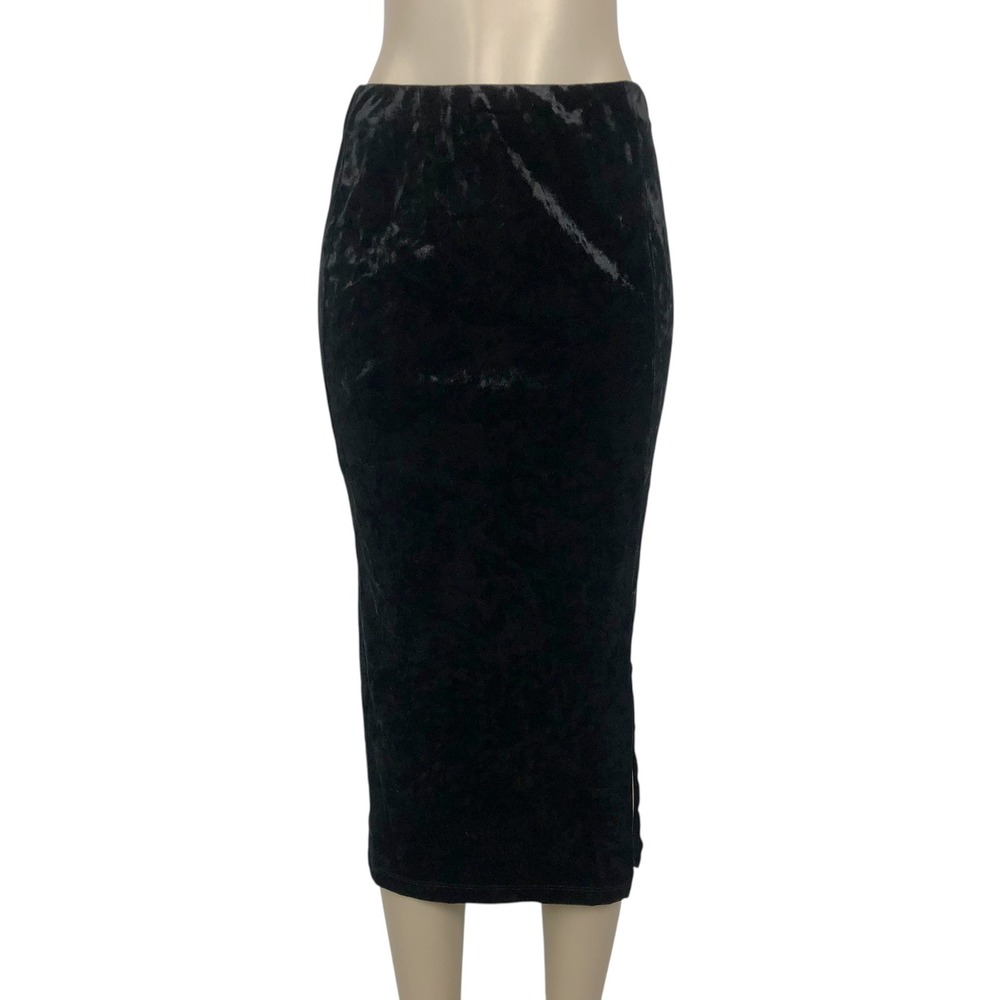 BCX Black Crushed Velvet Pencil Midi Skirt Side Slit Size M Gothic Whimsigoth